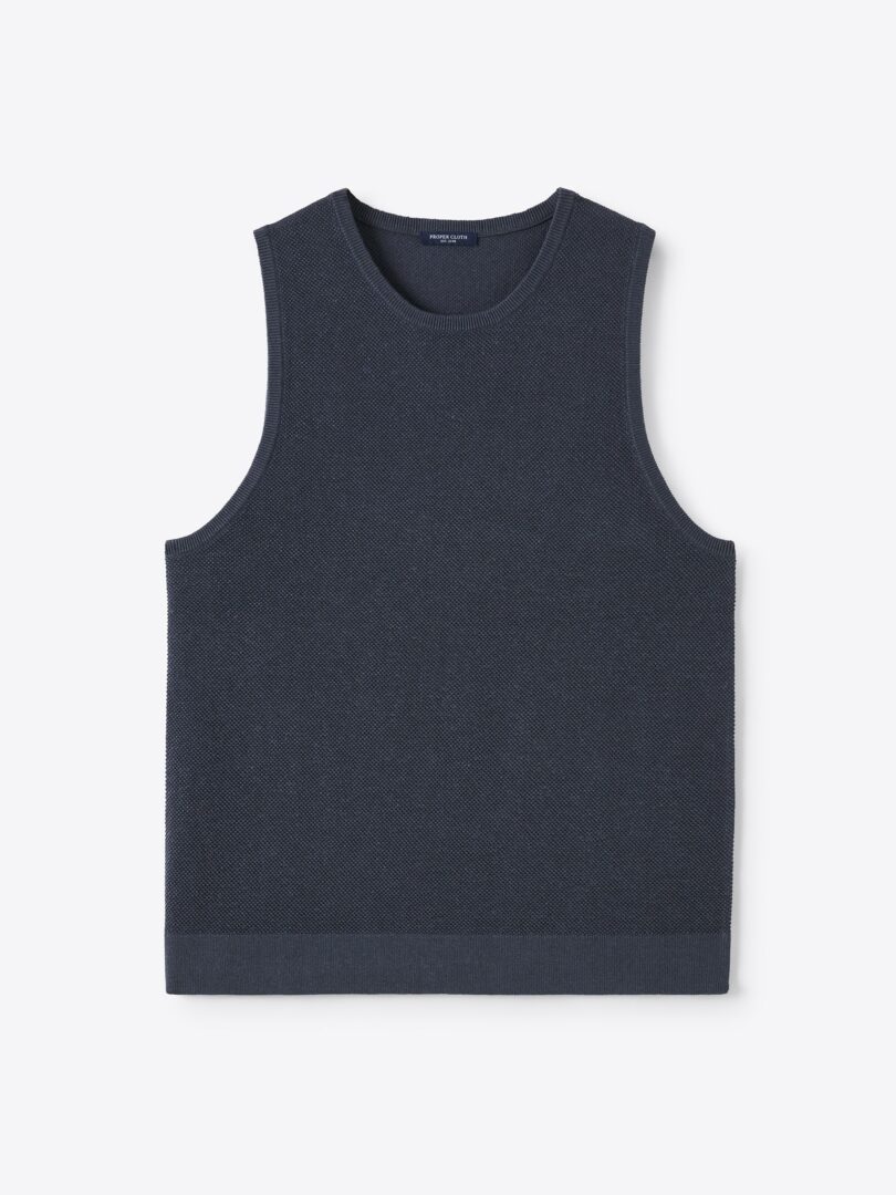 Men’s Faded Navy Linen Blend Mesh Knit Tank Thumb