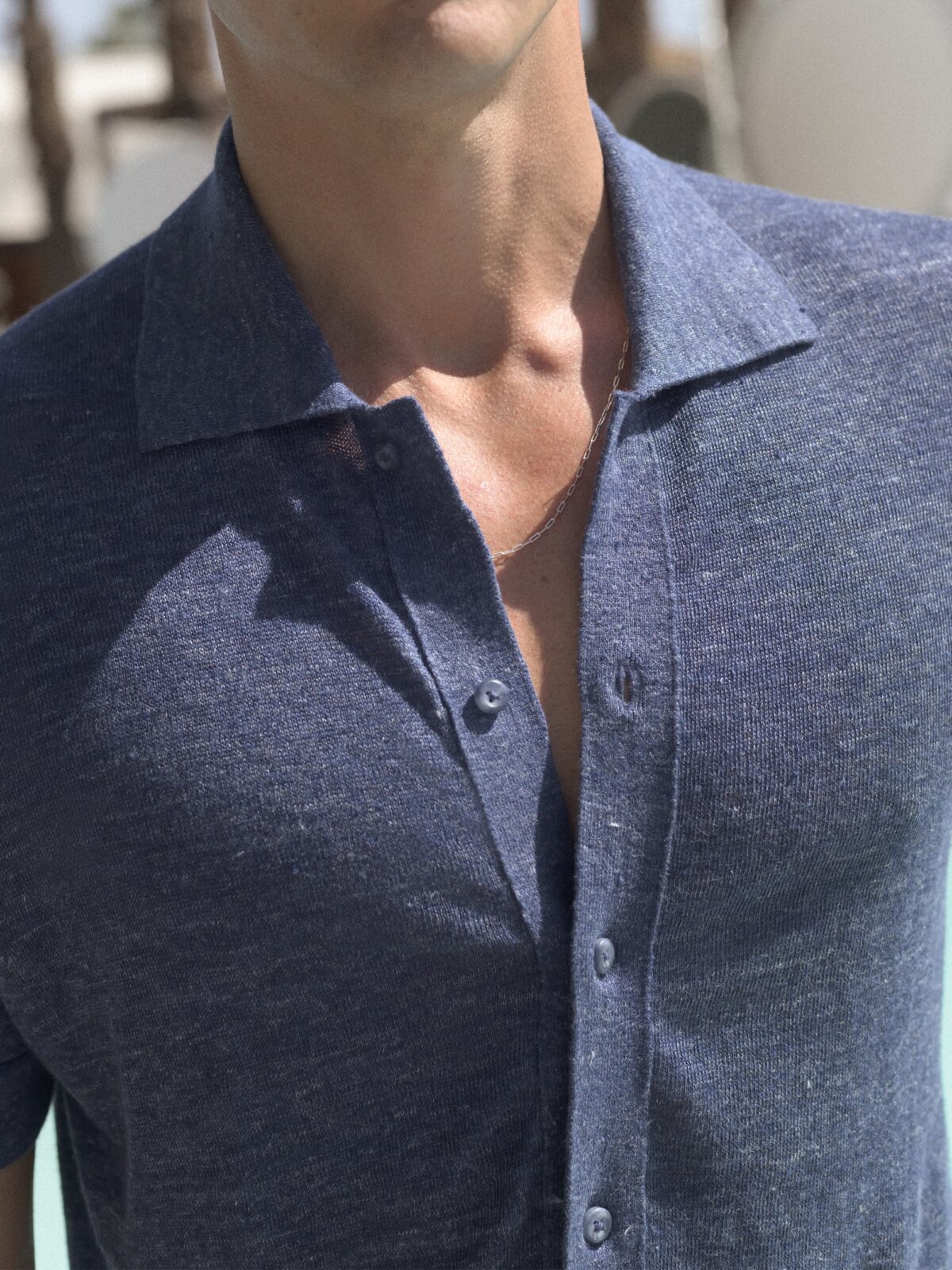 knit dress shirt Proper Cloth Dark Blue Melange Linen mens knitted button up shirt