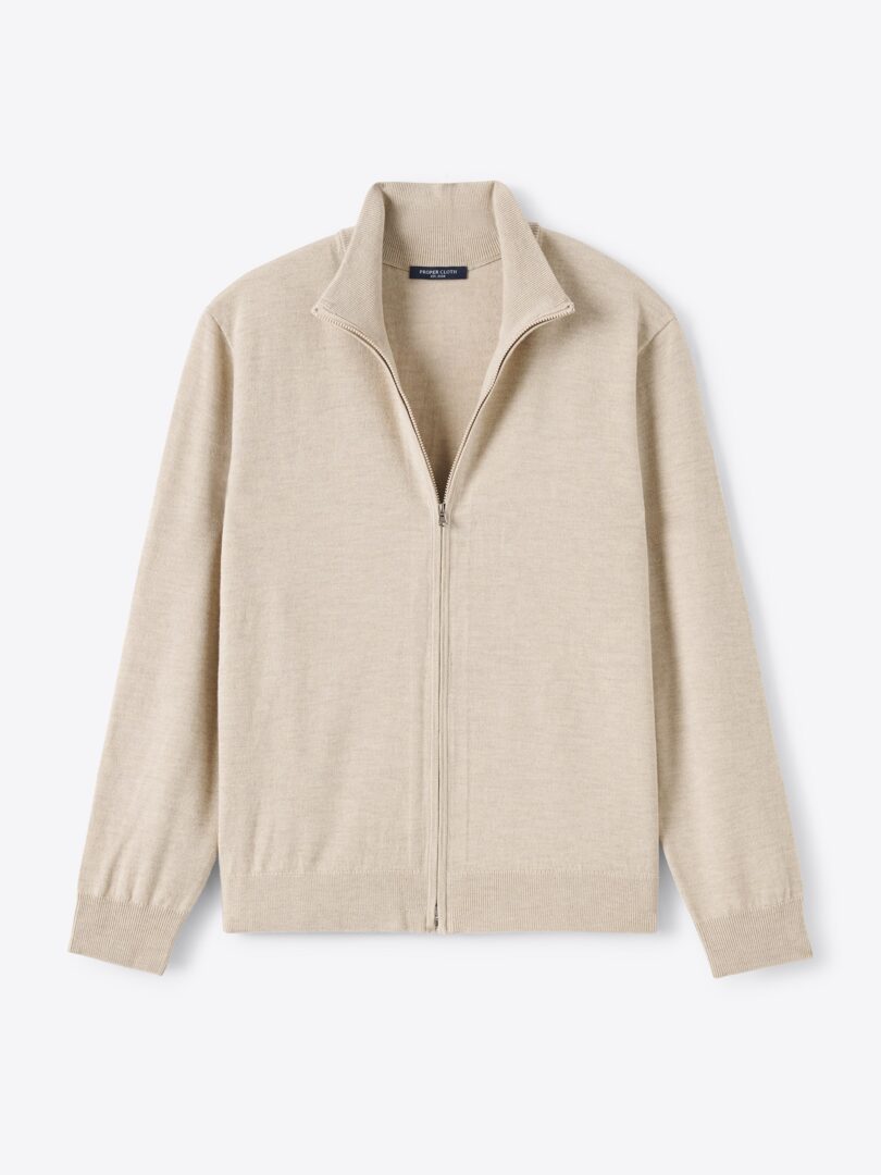 Men’s Beige Merino and Silk Full-Zip Sweater Thumb