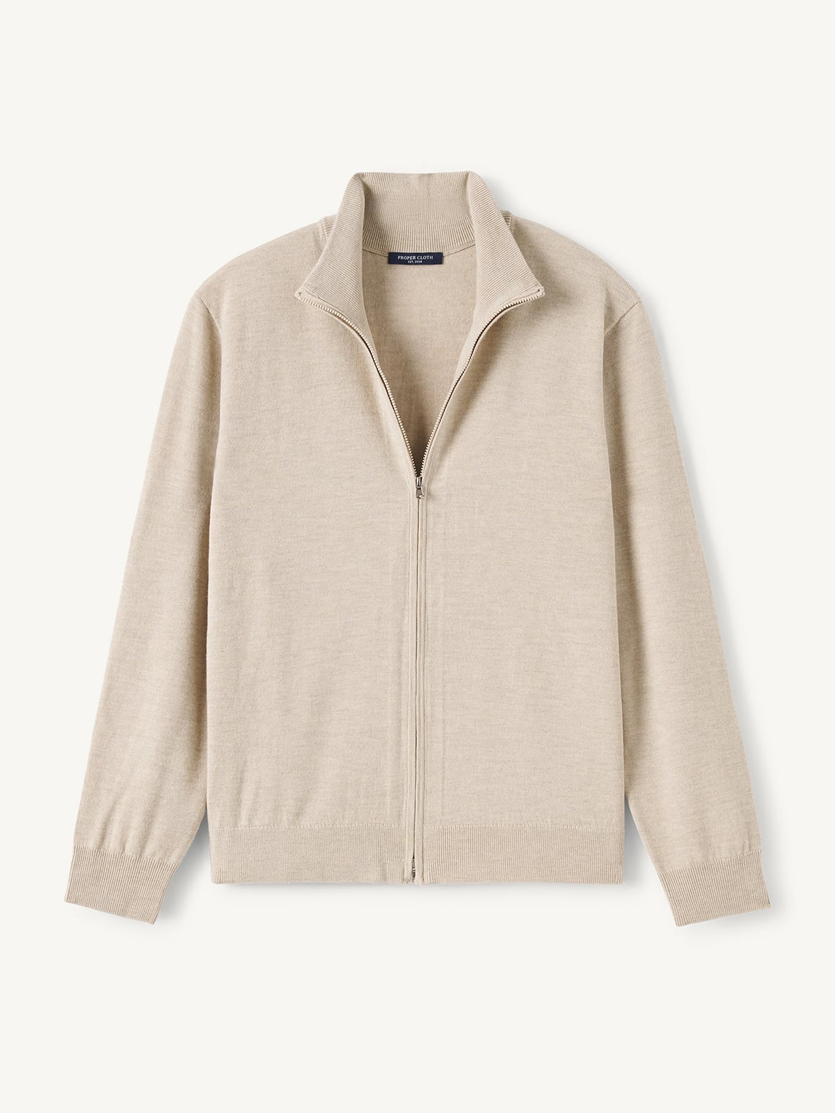 Beige Merino and Silk Full-Zip Sweater | Proper Cloth
