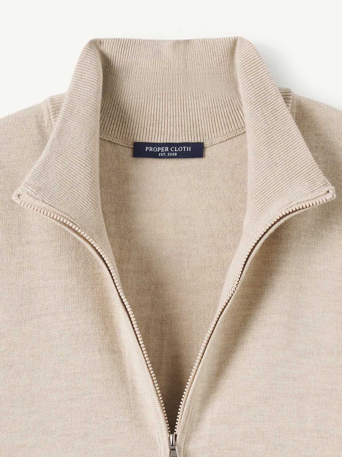 Beige Merino and Silk Full-Zip Sweater | Proper Cloth
