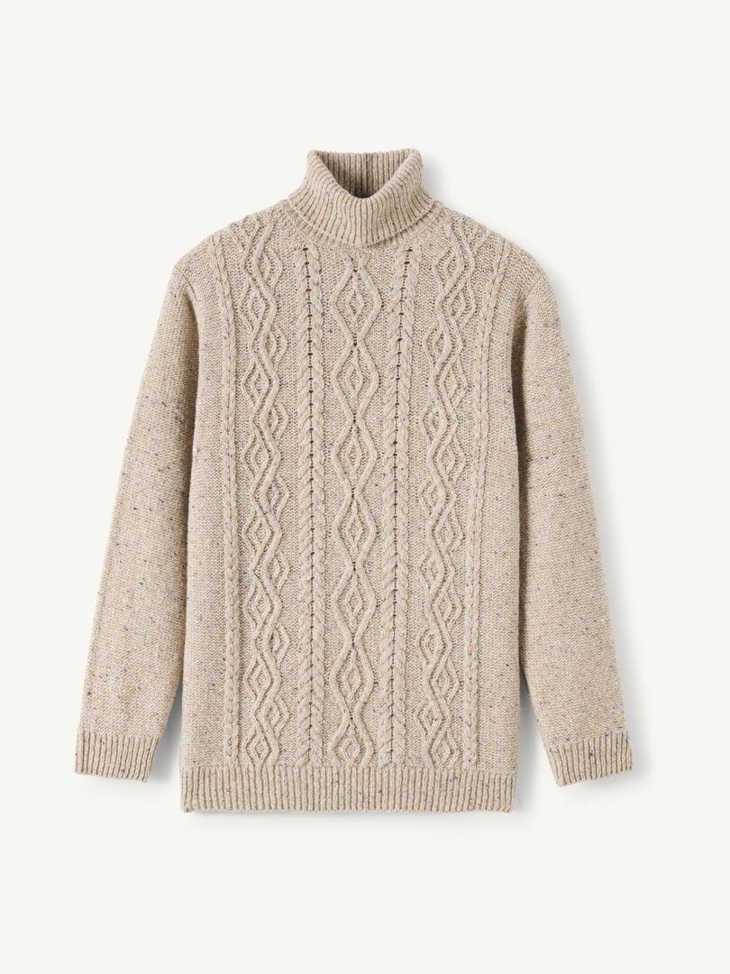 Men’s Oatmeal Donegal Italian Merino Wool Aran Turtleneck Sweater Thumb