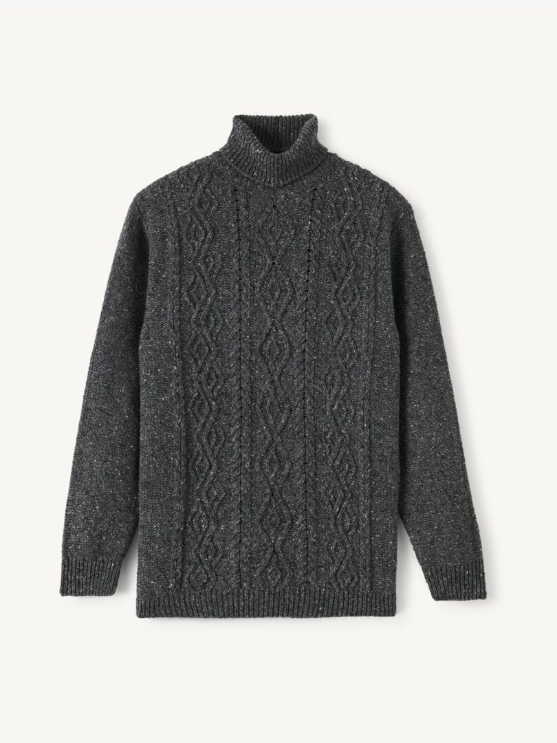 Men’s Grey Donegal Italian Merino Wool Aran Turtleneck Sweater Thumb