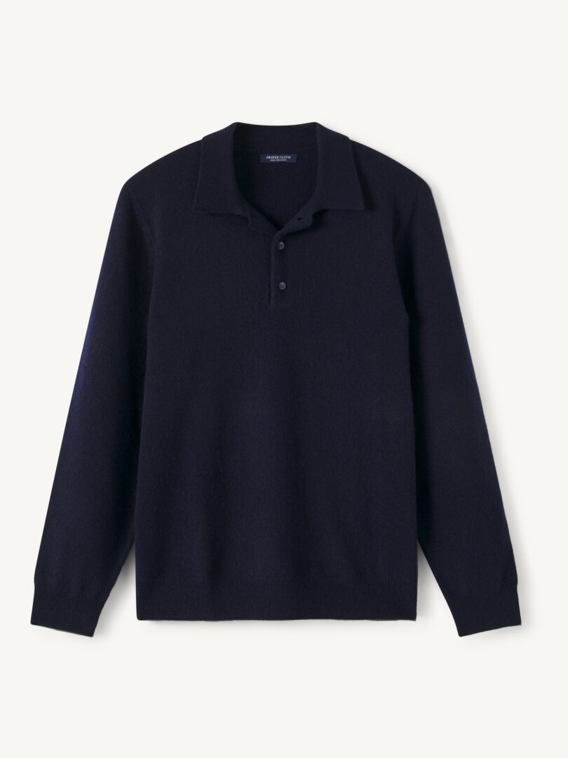 Men’s Navy Scottish Cashmere Long Sleeve Knit Polo Thumb
