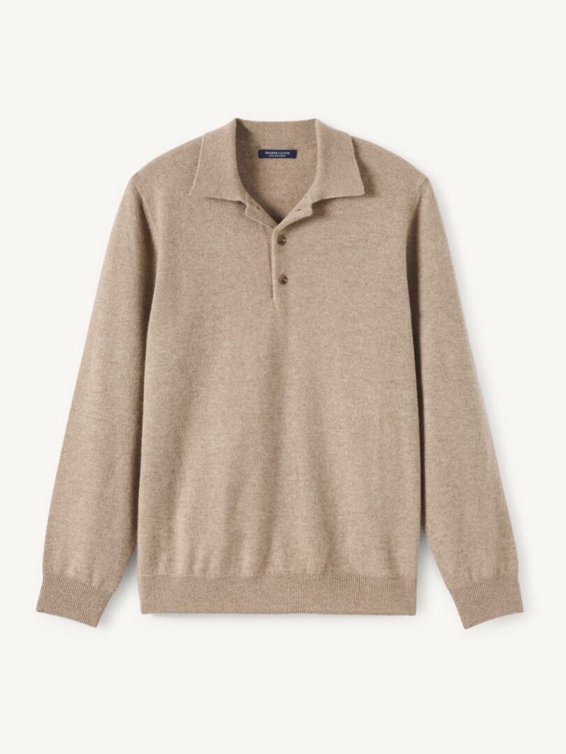Men’s Taupe Scottish Cashmere Long Sleeve Knit Polo Thumb