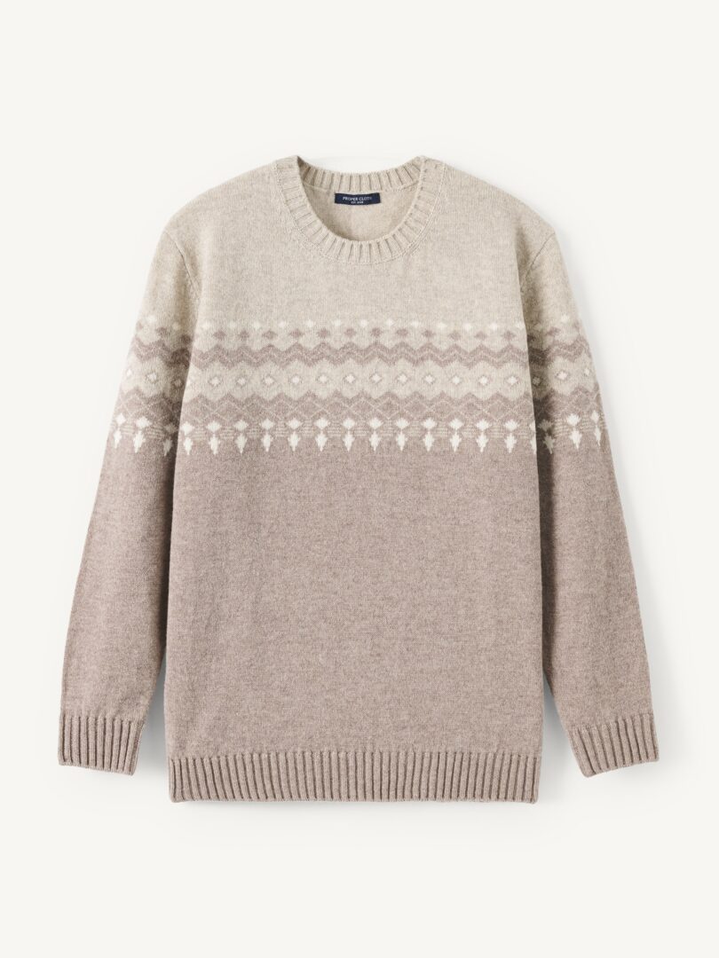Men’s Taupe Italian Merino Wool Fair Isle Crewneck Sweater Thumb