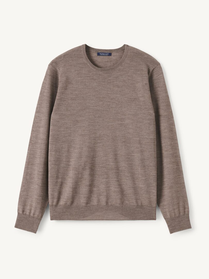 Men’s Taupe Easy Care Merino Wool Crewneck Sweater Thumb