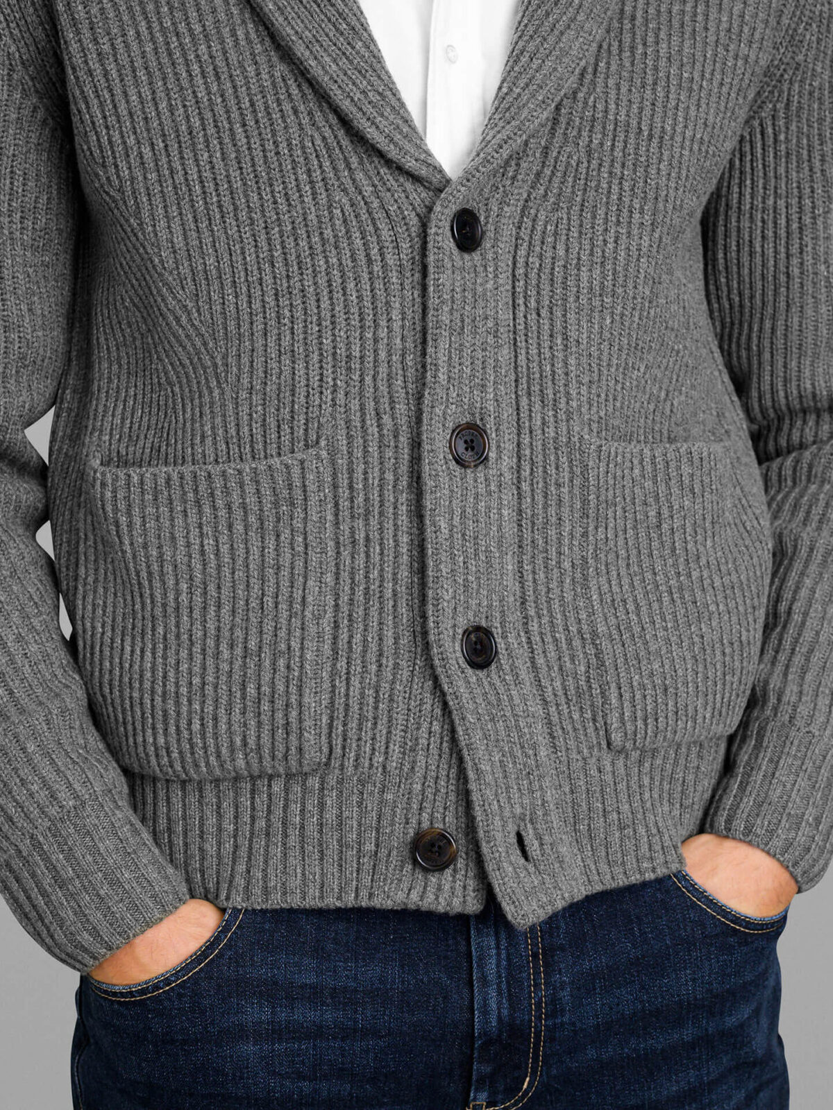 Grey Merino and Cashmere Shawl Cardigan by Proper Cloth