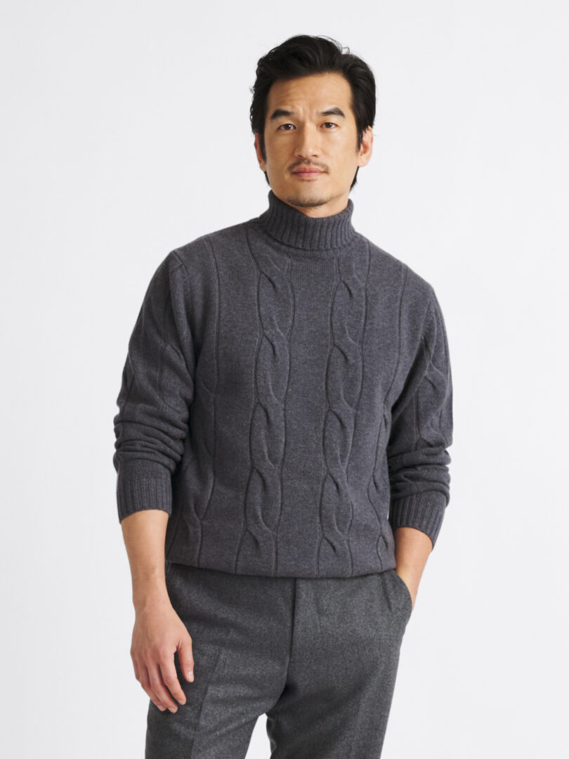 Charcoal Merino Wool Cable Turtleneck Sweater Thumb Detail