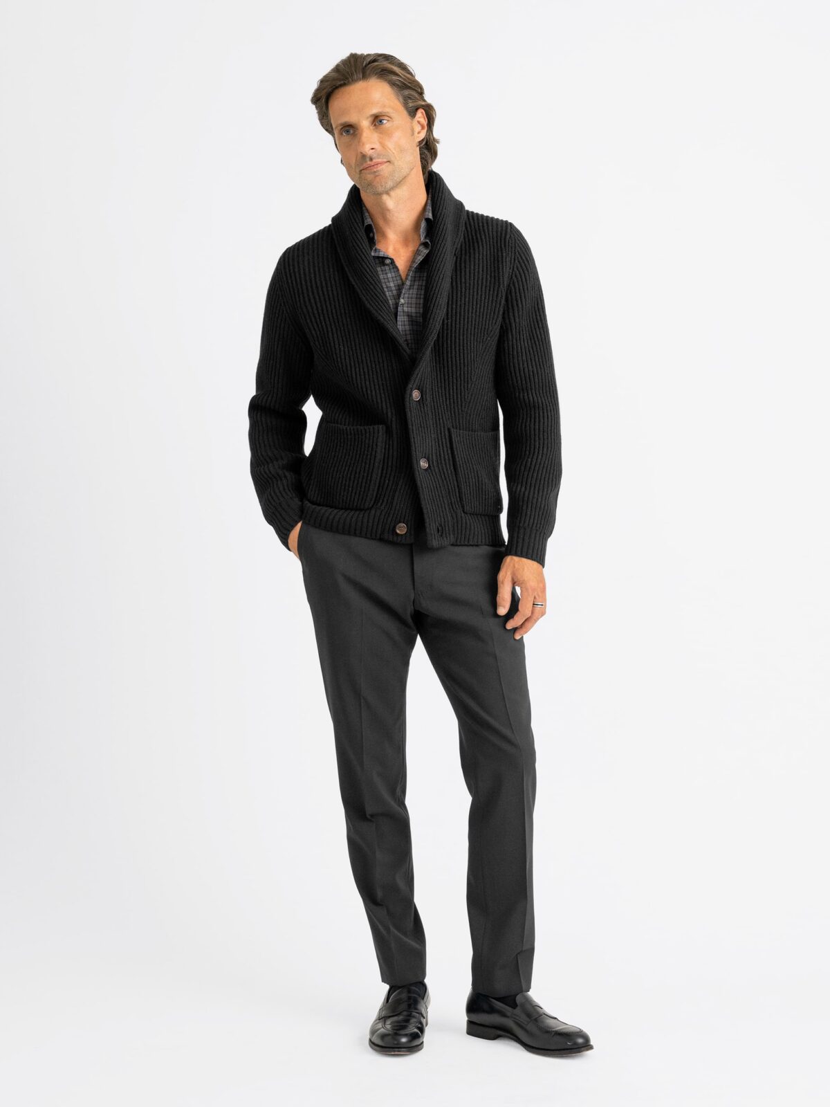 Black Merino and Cashmere Ribbed Shawl Cardigan - Proper Cloth Black Merino and Cashmere Ribbed Shawl Cardigan - Proper Cloth