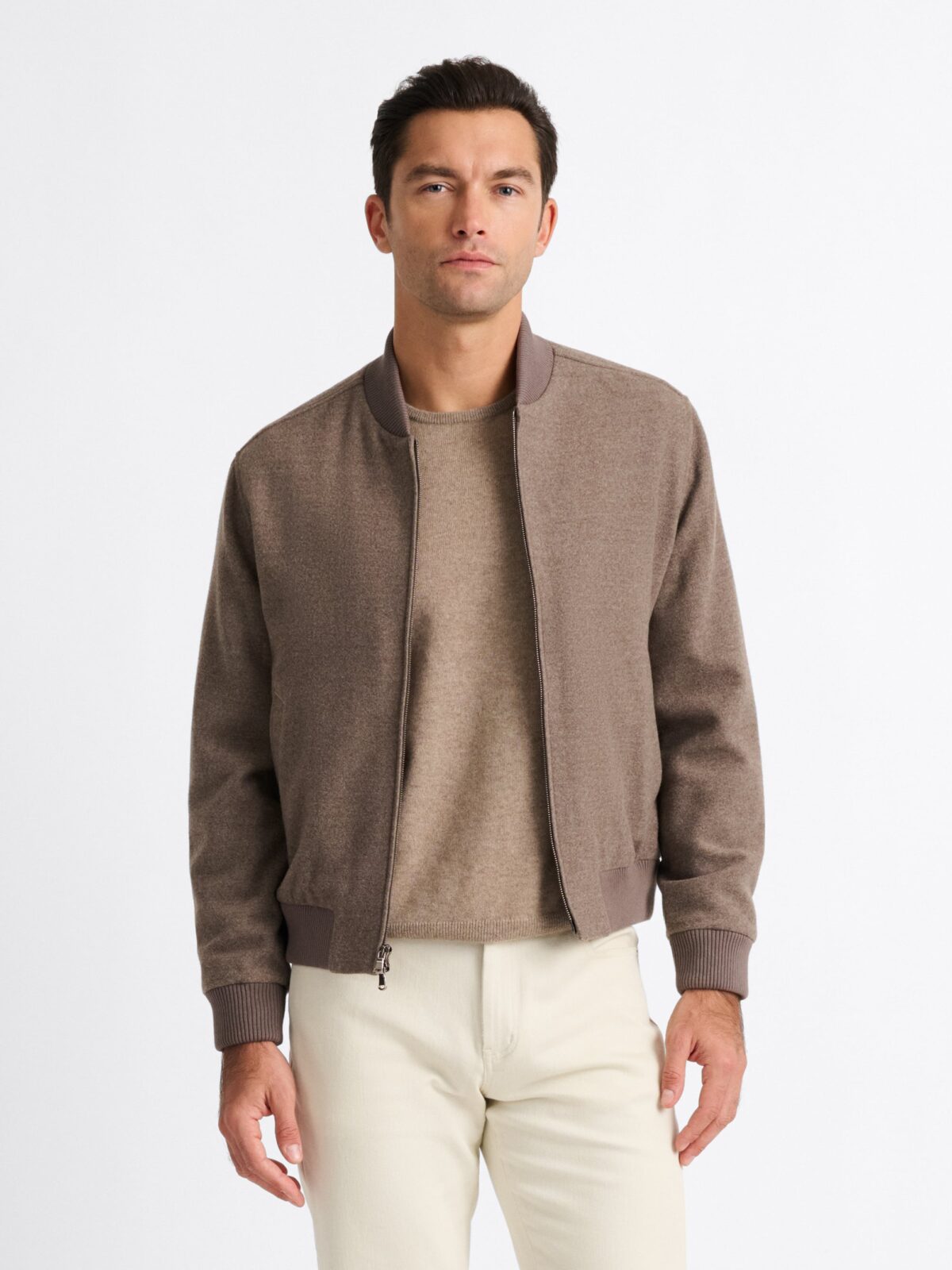 Wythe Taupe Wool Flannel Bomber Jacket Proper Cloth