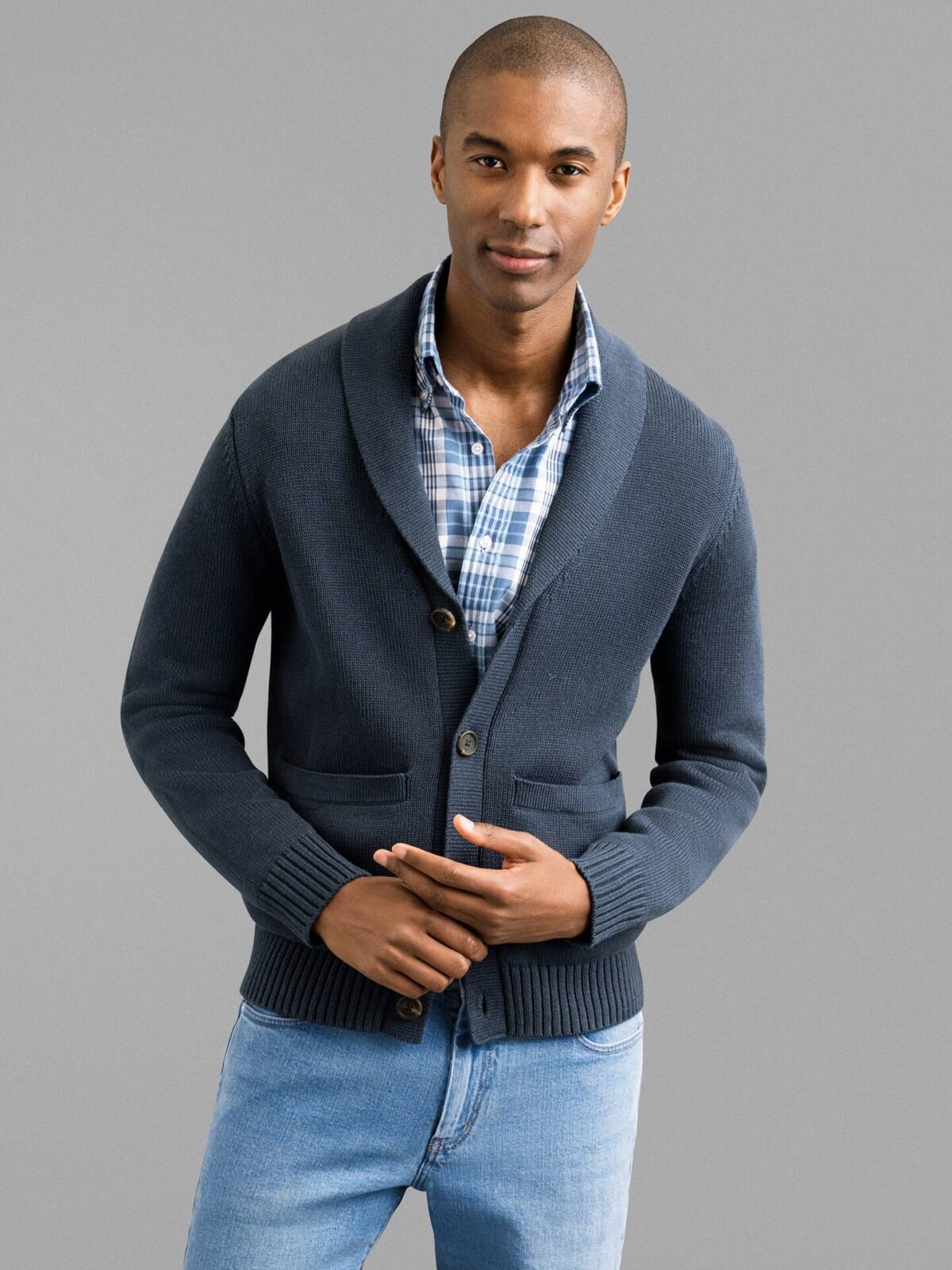 Navy Linen Blend Shawl Cardigan | Proper Cloth