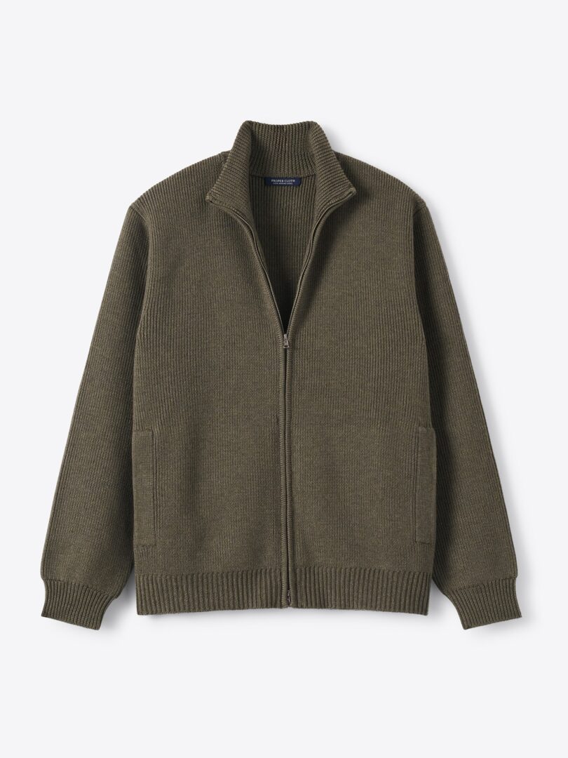Men’s Dark Moss Merino Wool Full-Zip Sweater Thumb