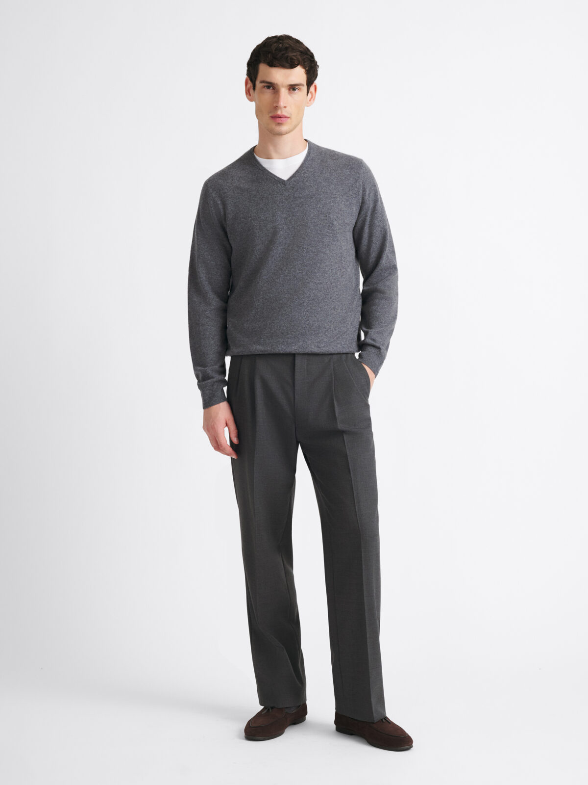 Grey Scottish Cashmere V-Neck Sweater - Proper Cloth