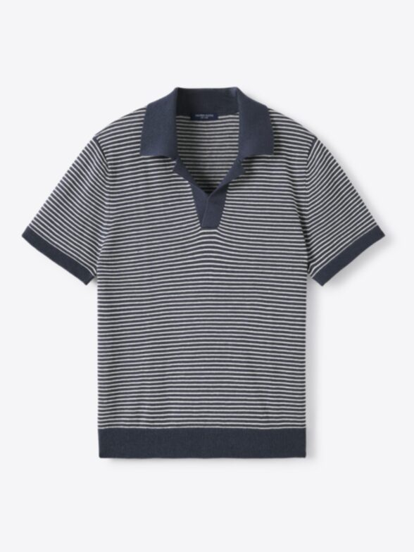 Thumb Photo of Cream and Navy Striped Linen Blend Knit Polo