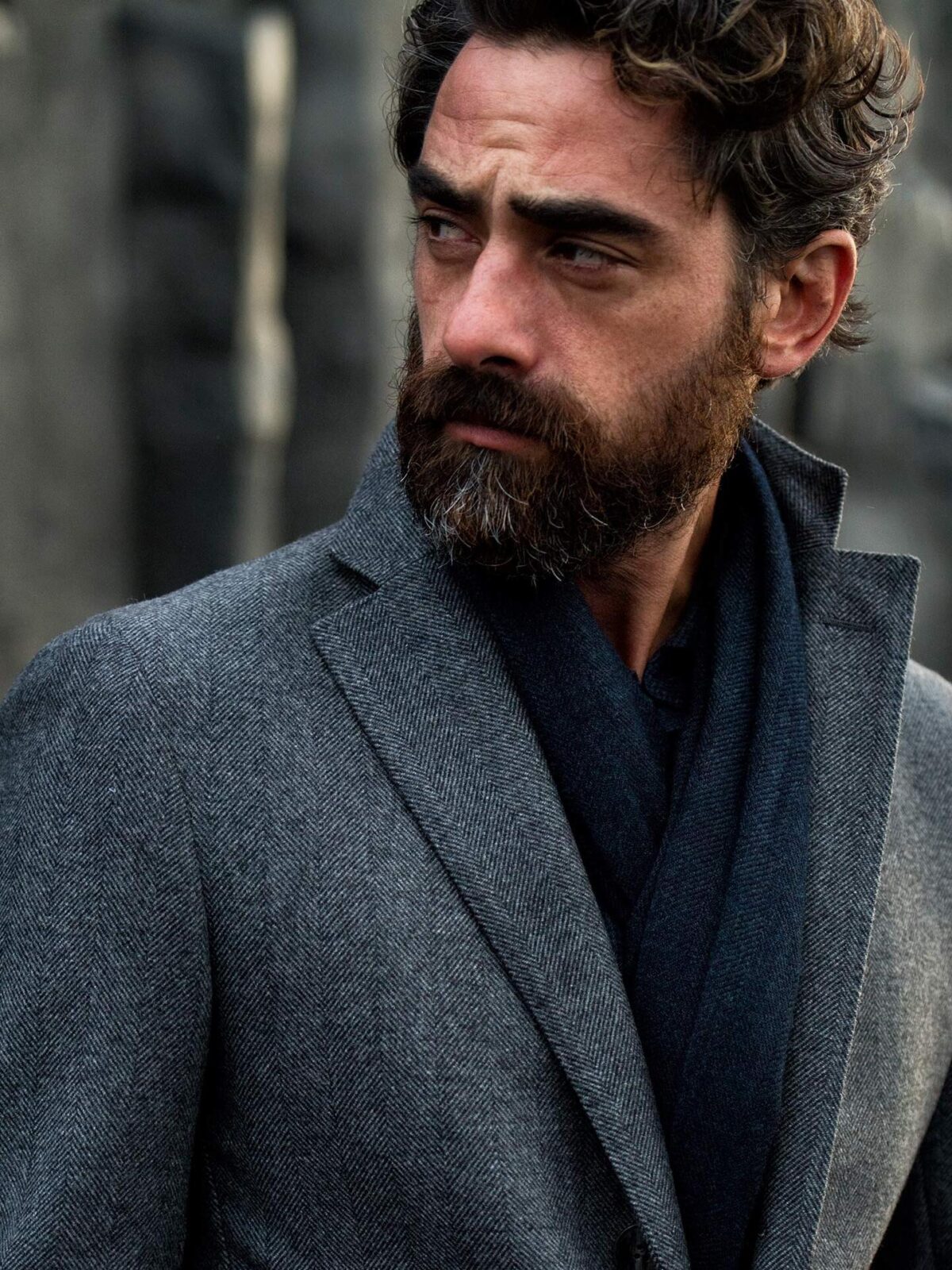 Navy Herringbone Wool Cashmere Scarf