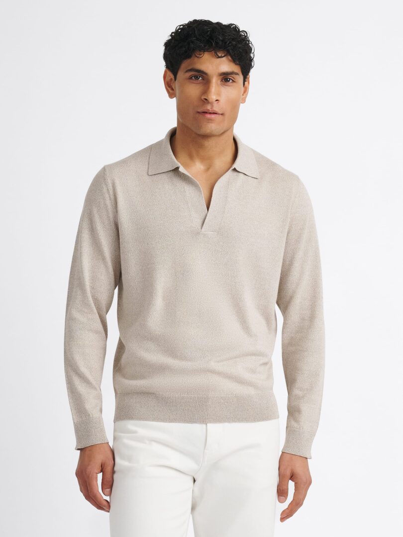 Beige Mouliné Cotton Long Sleeve Knit Polo Thumb Detail