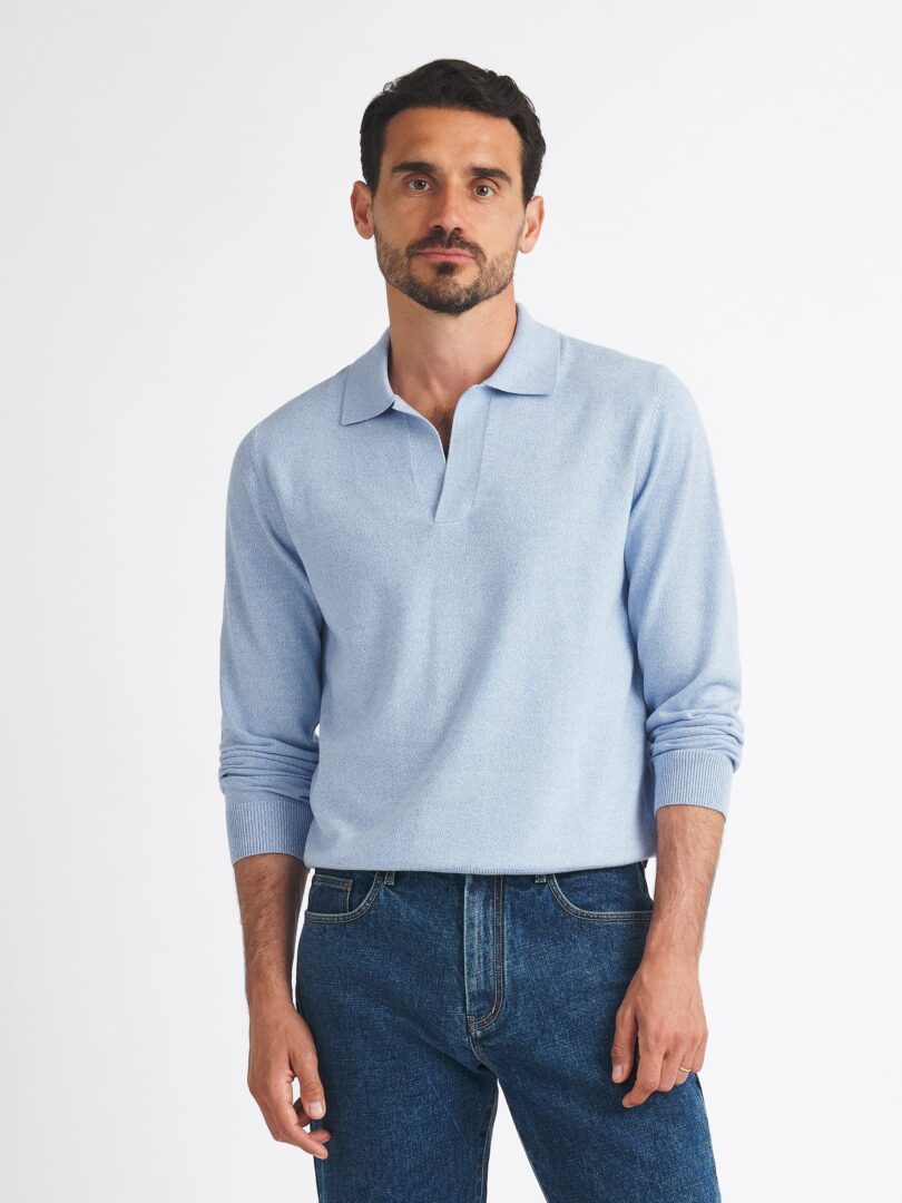 Light Blue Mouliné Cotton Long Sleeve Knit Polo Thumb Detail