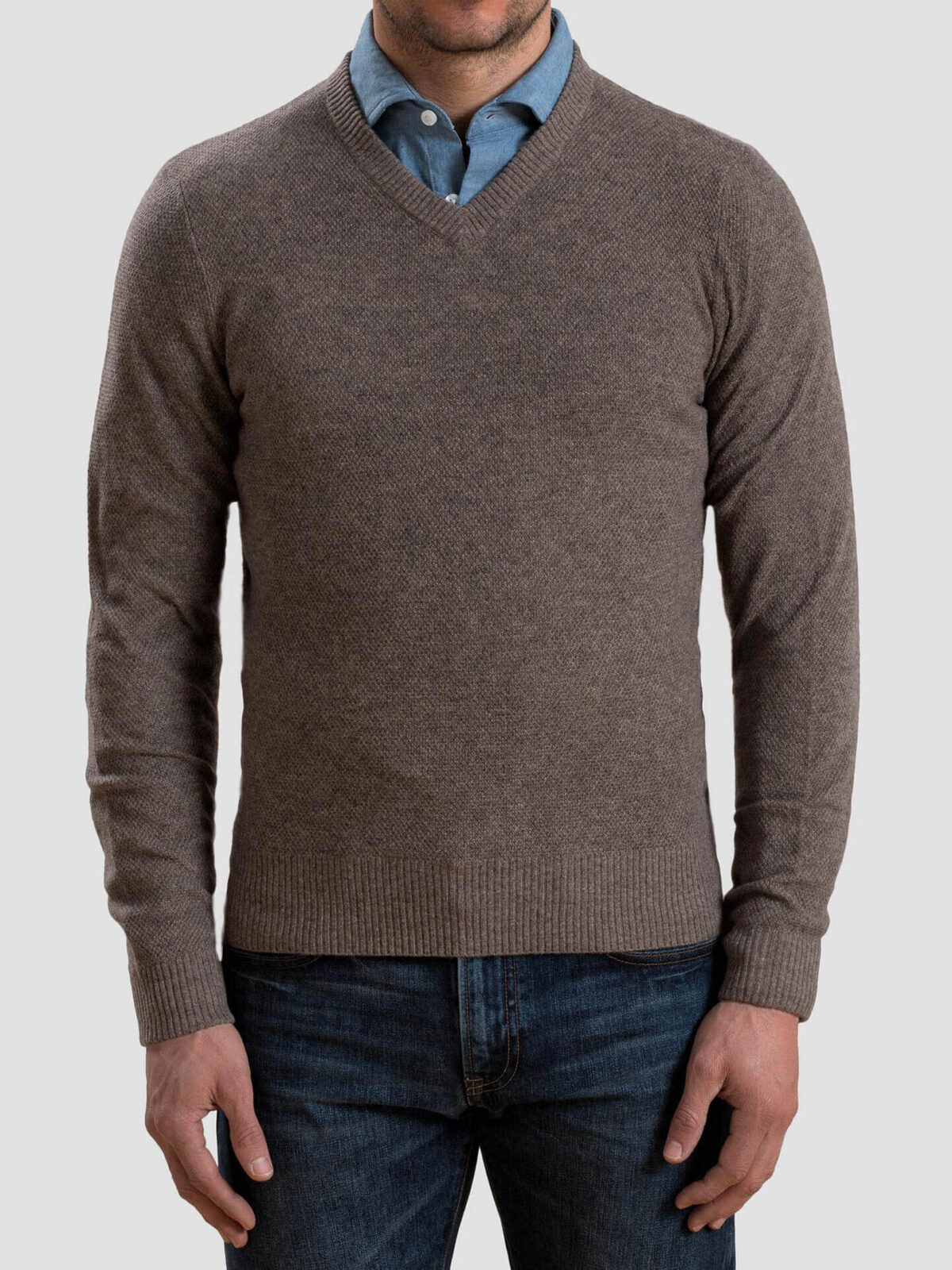 Mocha Cobble Stitch Cashmere V-Neck Sweater