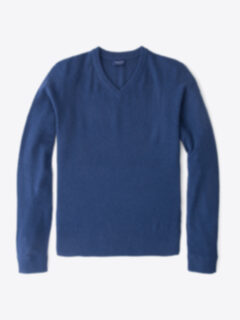 Ocean Blue Cobble Stitch Cashmere V-Neck Sweater Product Thumbnail 1