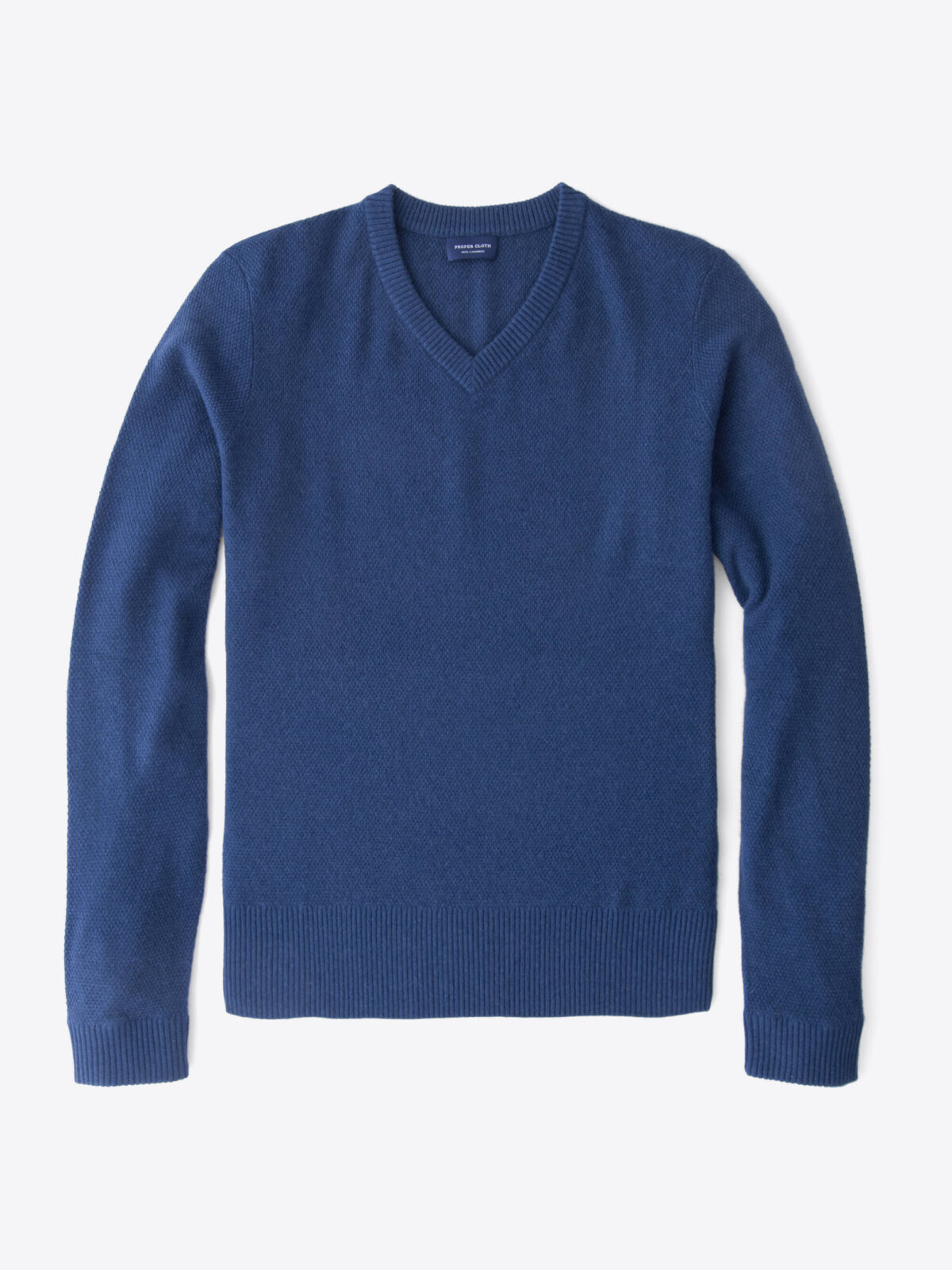 Ocean Blue Cobble Stitch Cashmere V-Neck Sweater