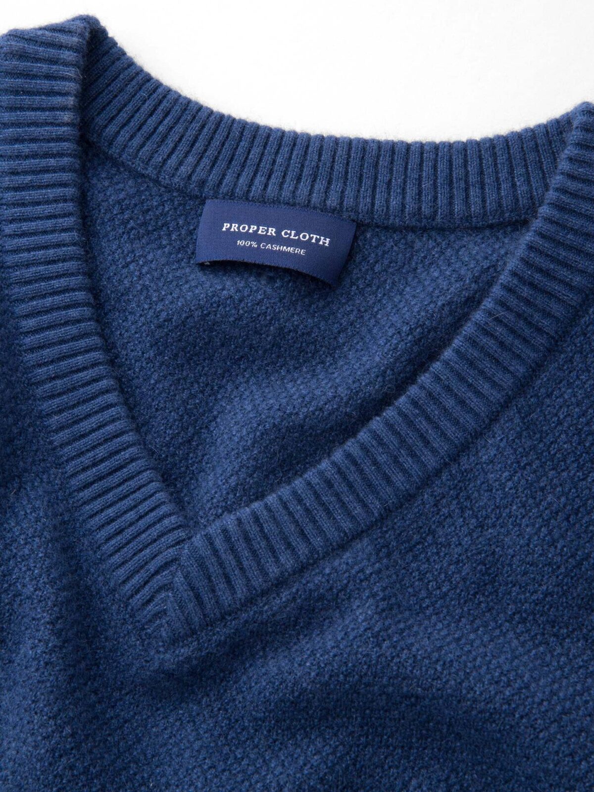 Ocean Blue Cobble Stitch Cashmere V-Neck Sweater