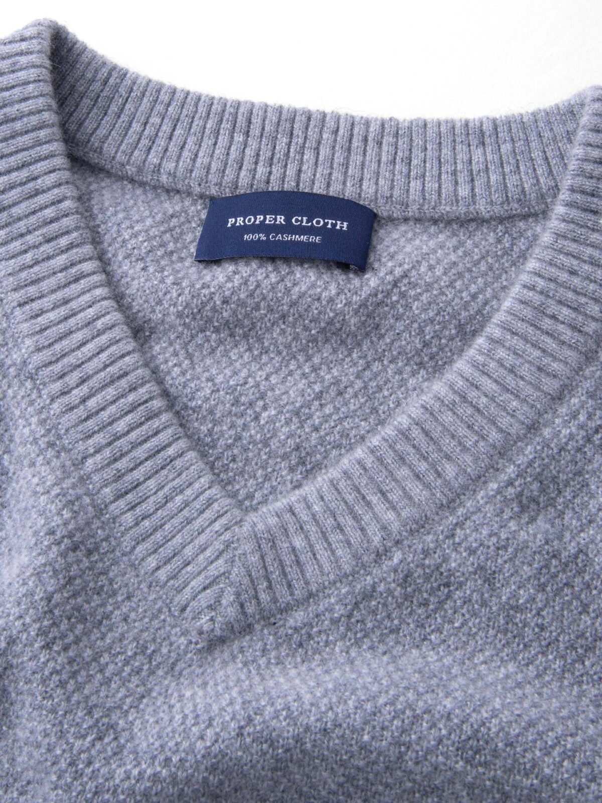 Light Grey Cobble Stitch Cashmere V-Neck Sweater