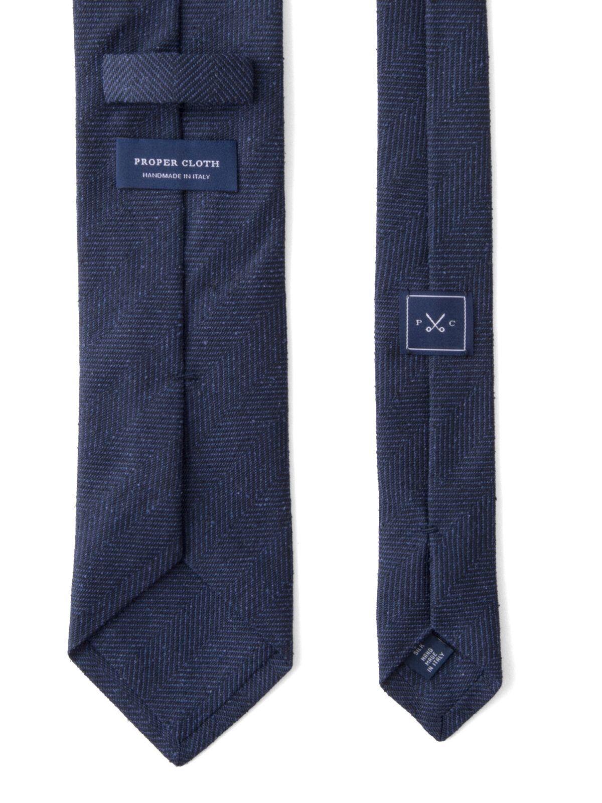 Navy Herringbone Raw Silk Tie
