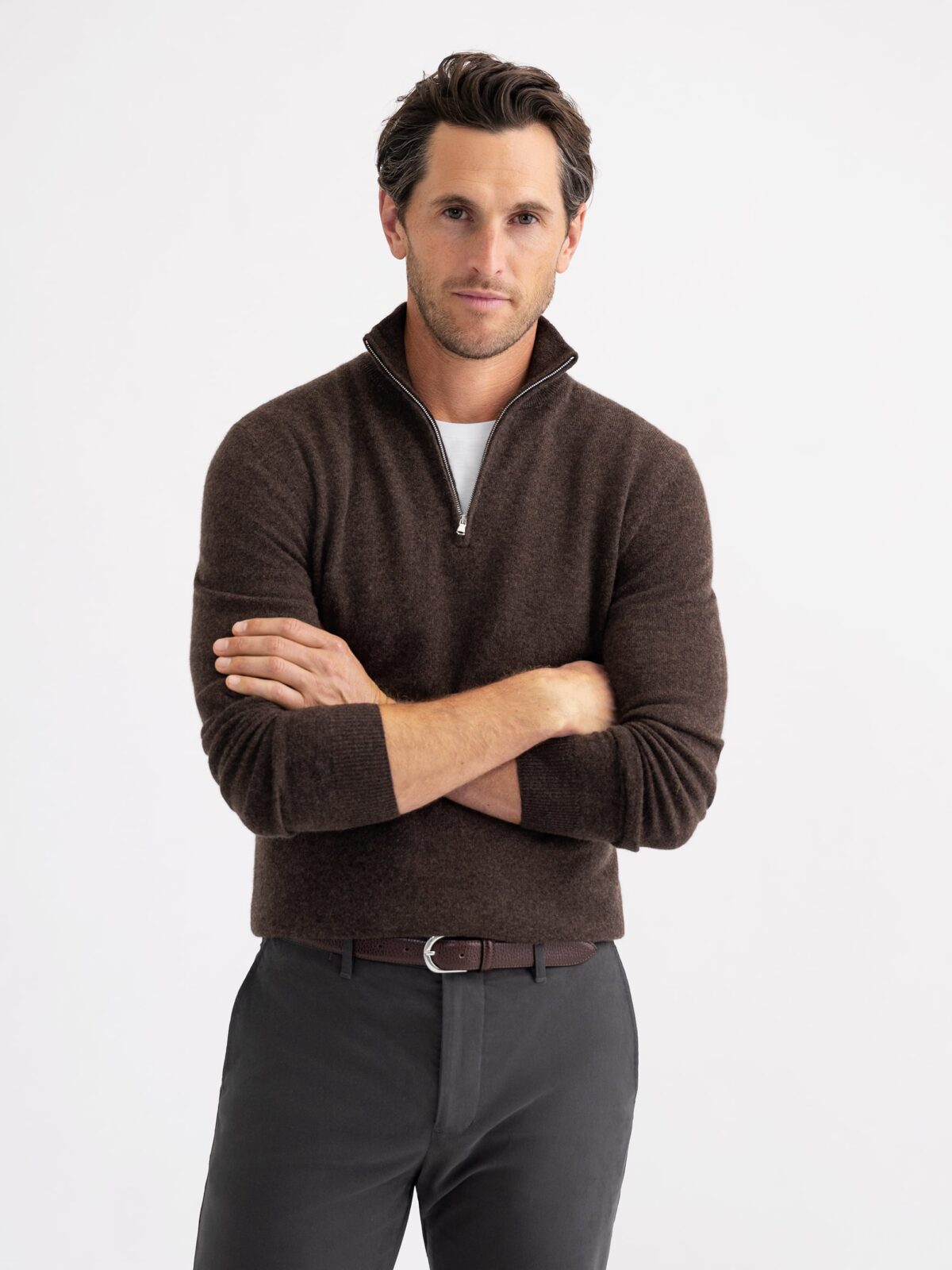 Dark Brown Cashmere Half-Zip Sweater - Proper Cloth