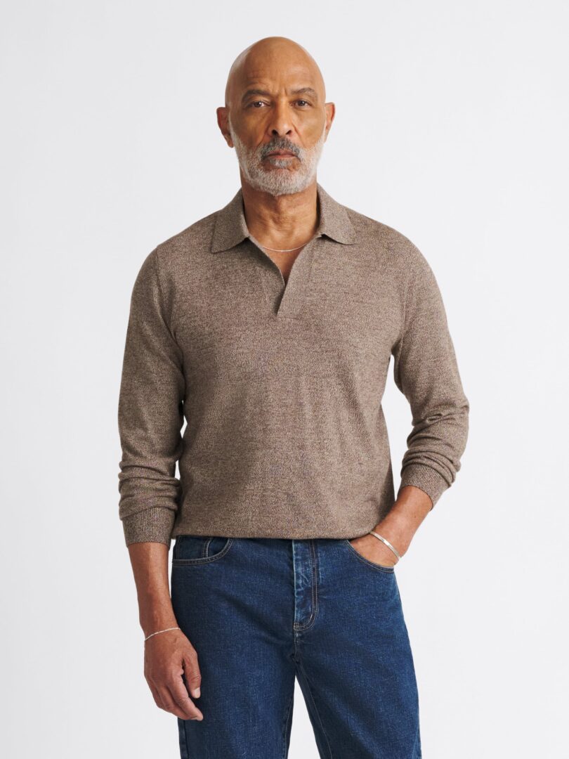 Brown Mouliné Cotton Long Sleeve Knit Polo Thumb Detail