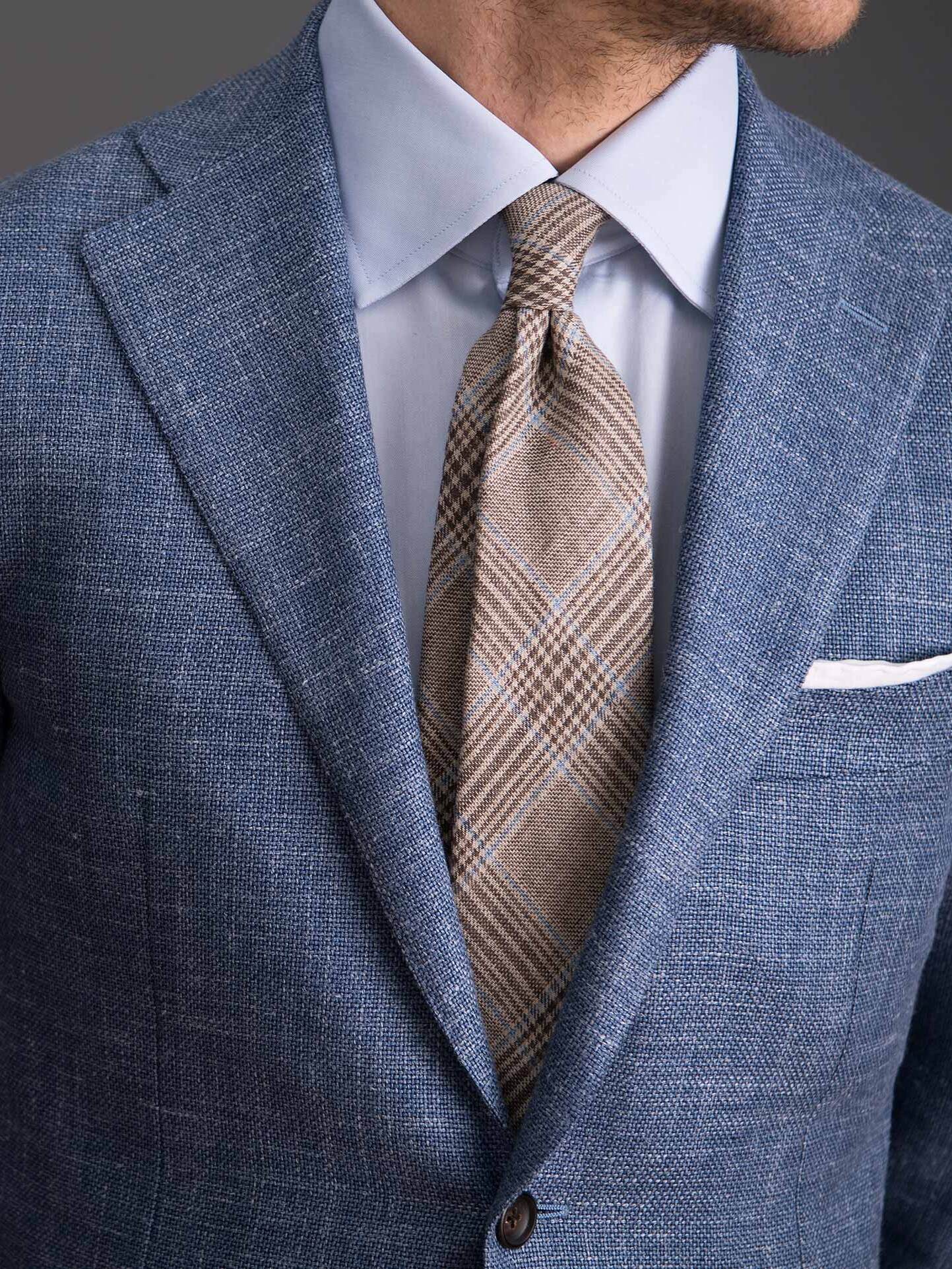 Beige and Light Blue Prince of Wales Linen Tie by Proper Cloth