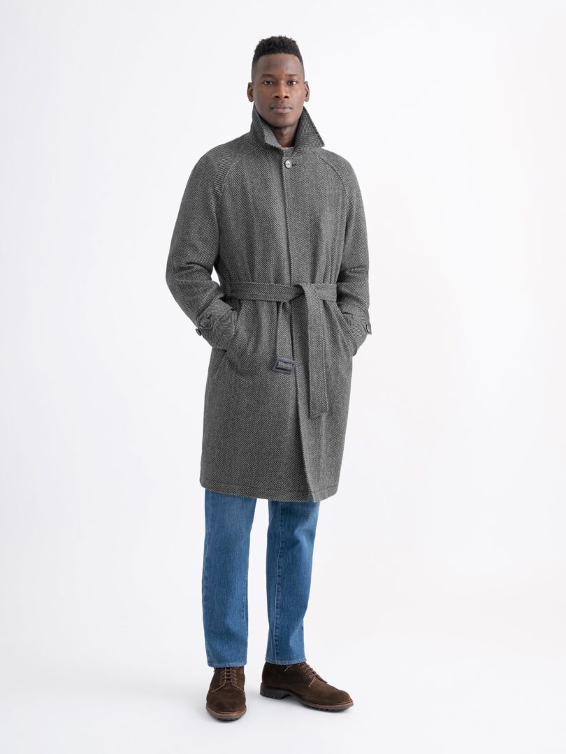 Men Long Overcoat Black Herringbone Wool Blend Coat Winter Business Outwear