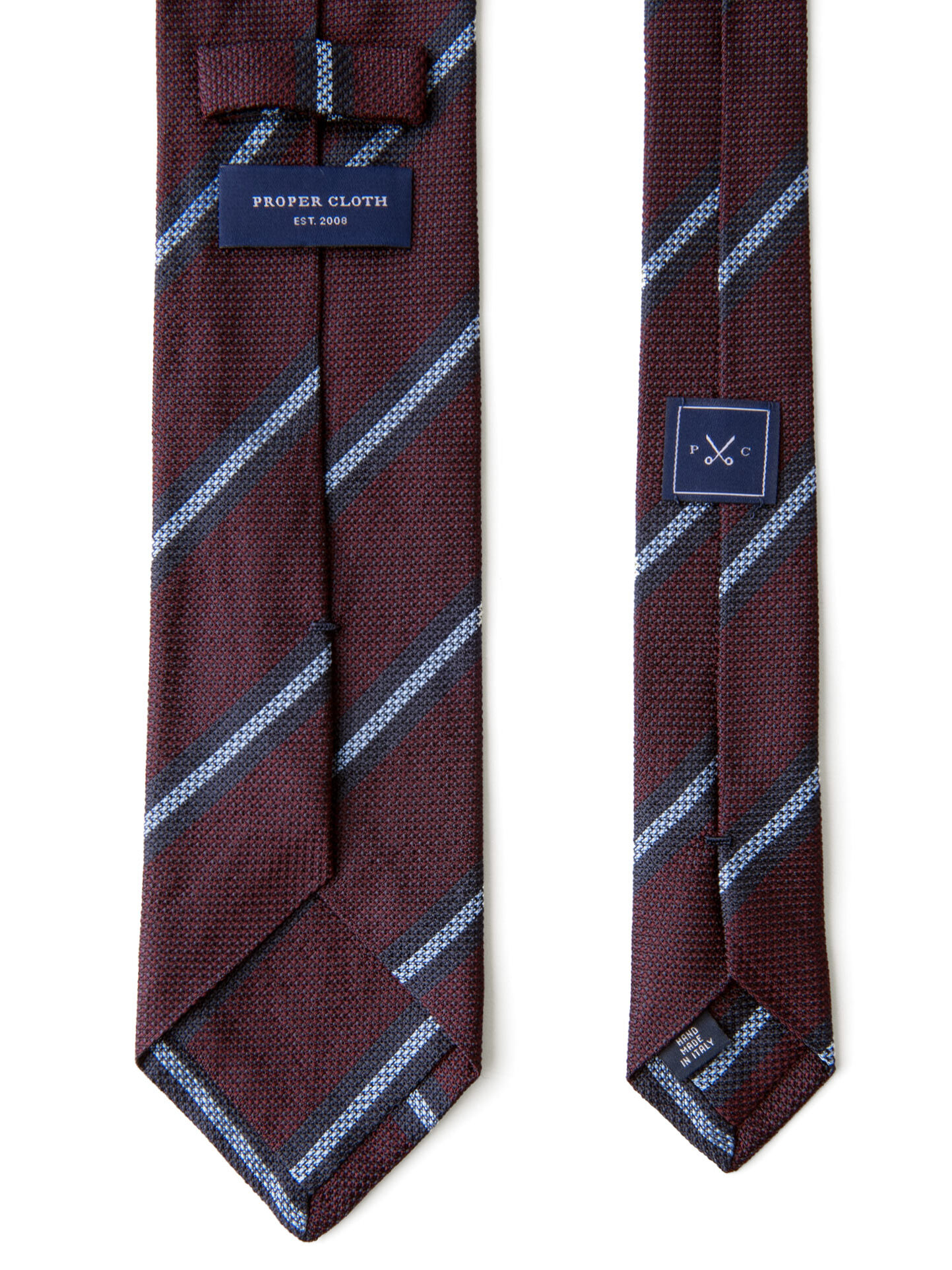 Burgundy and Blue Striped Silk Grenadine Tie by Proper Cloth