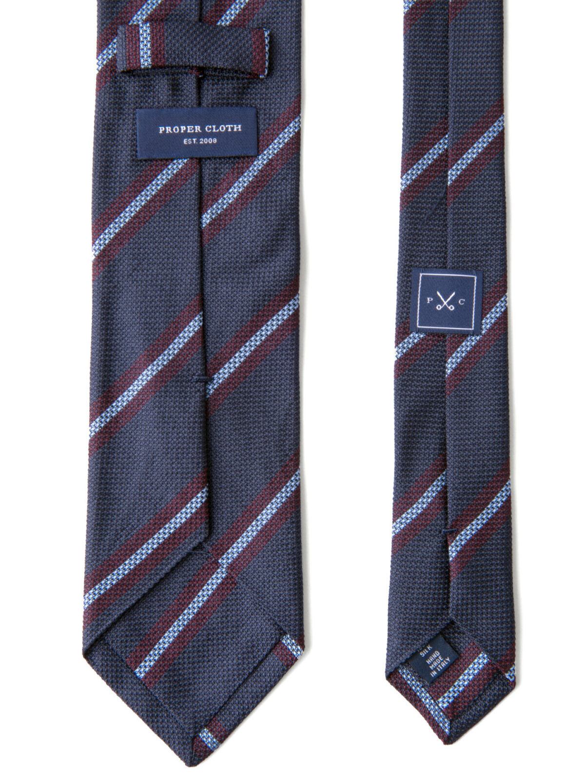 Navy Red and Light Blue Striped Silk Grenadine Tie by Proper Cloth