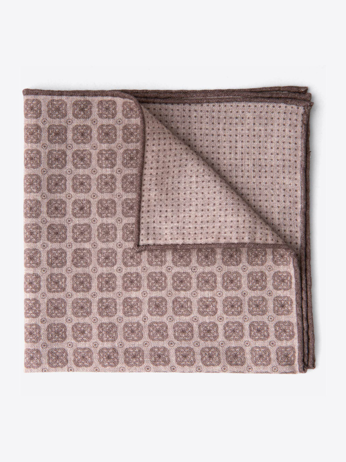 Beige Printed Cotton and Wool Pocket Square