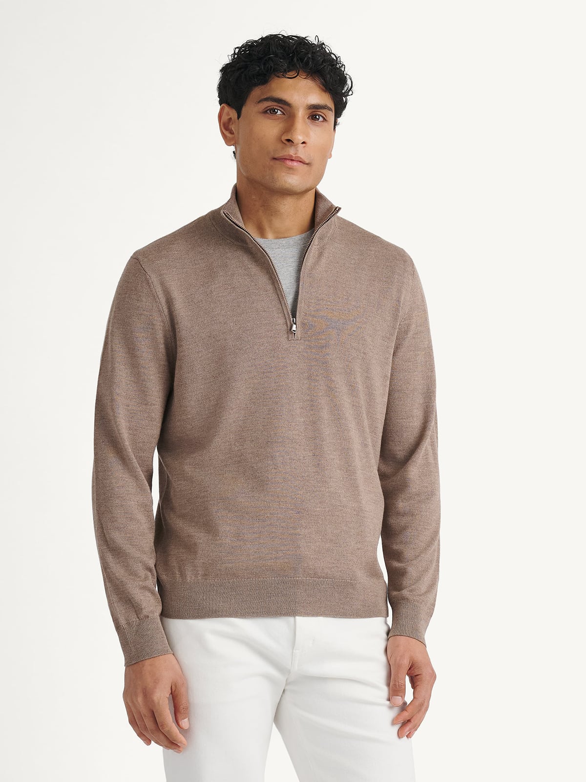 Taupe Merino and Silk Half-Zip Sweater | Proper Cloth