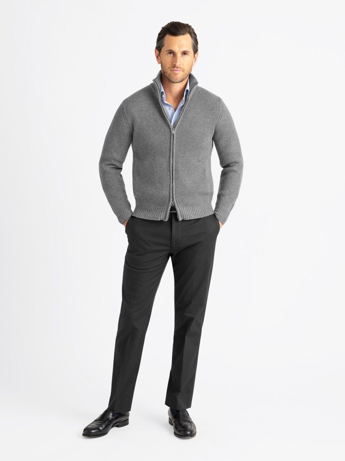 Grey Merino Wool Full-Zip Sweater - Proper Cloth