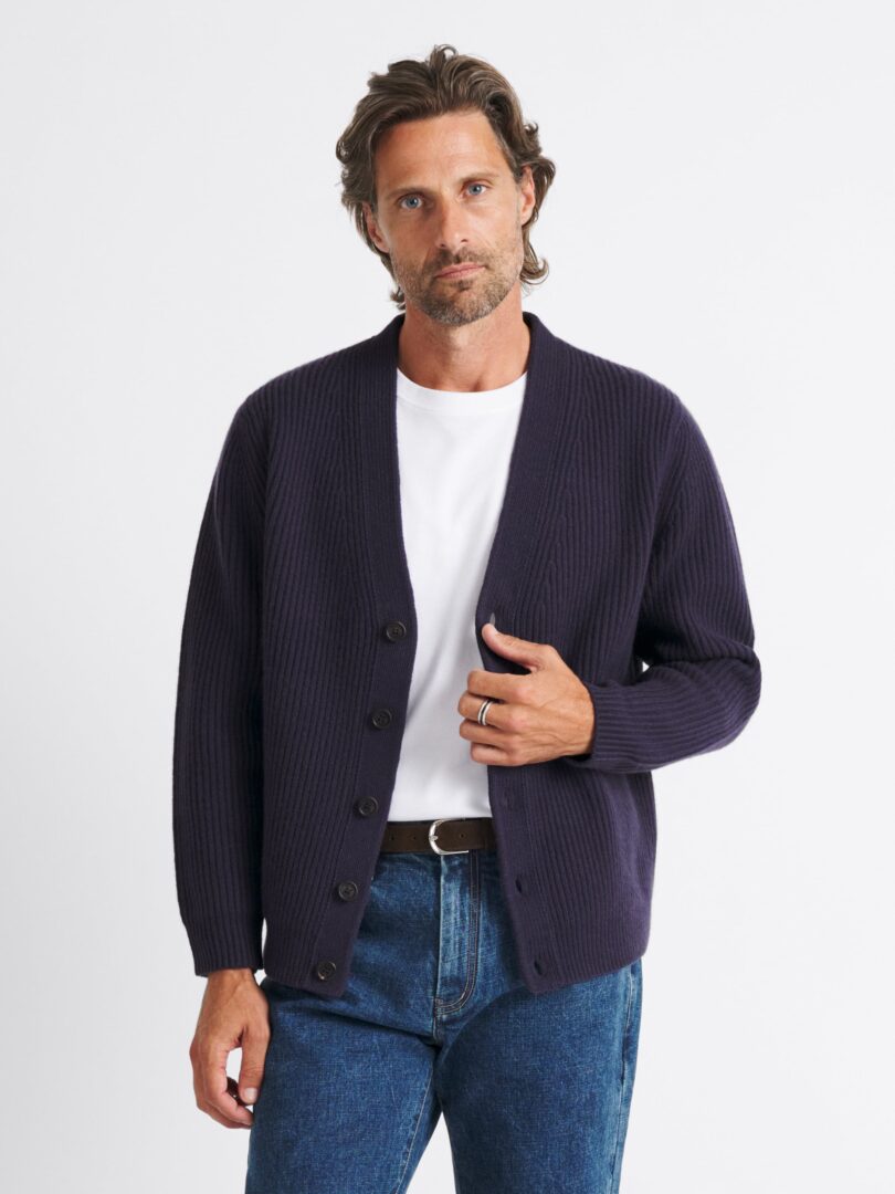 Navy Merino and Cashmere Ribbed Cardigan Thumb Detail