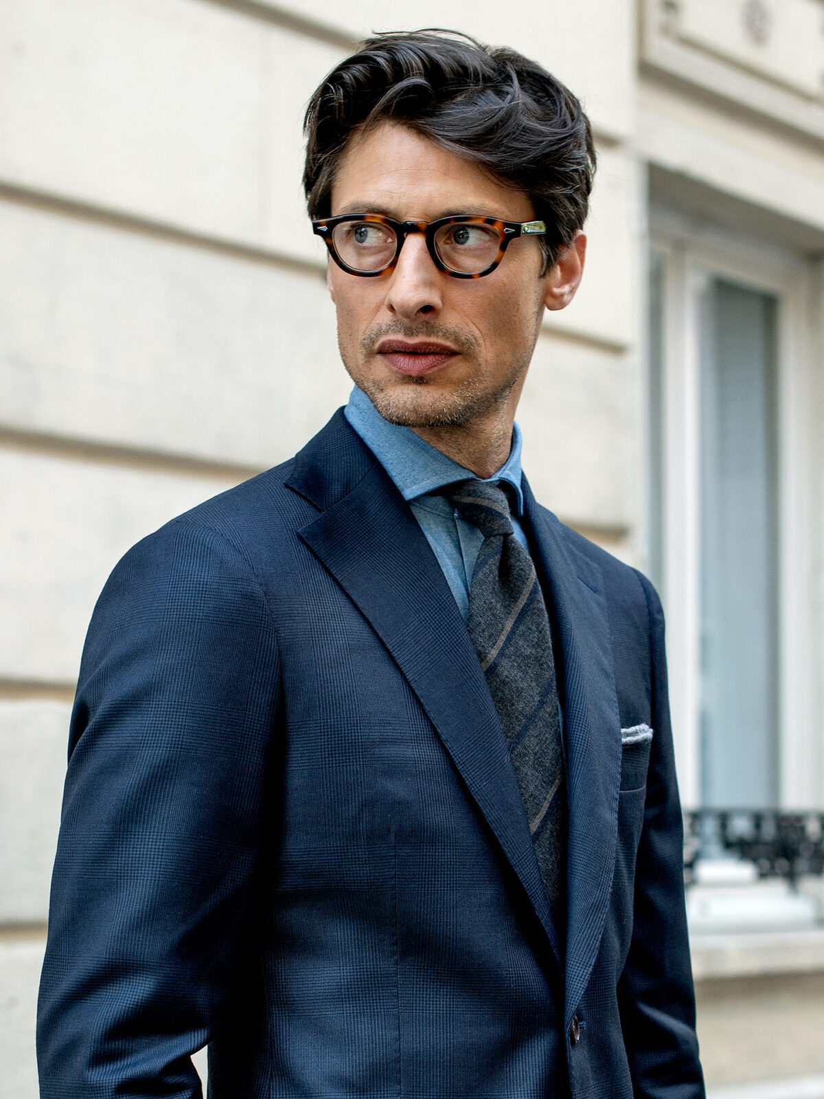 Grey and Navy Striped Wool Tie