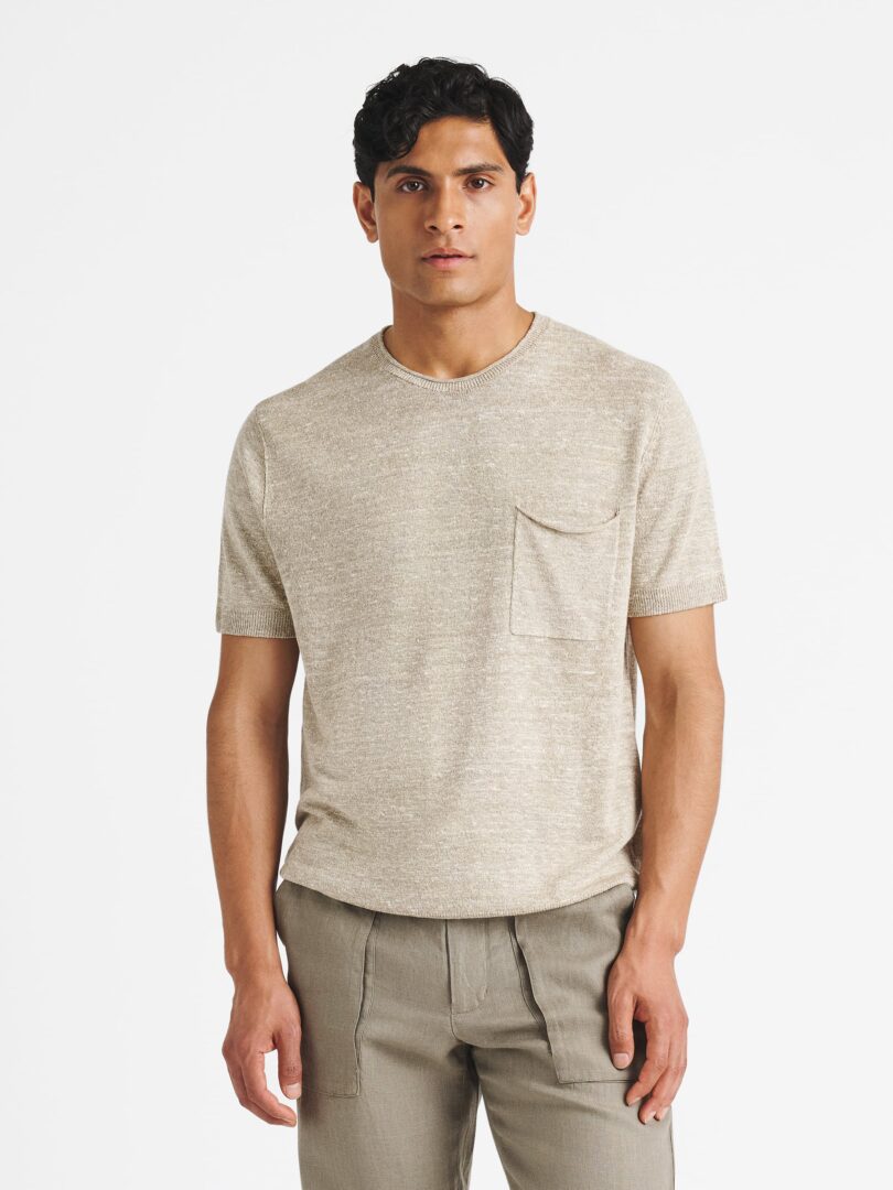 Beige Linen and Silk Short Sleeve Rollneck Thumb Detail