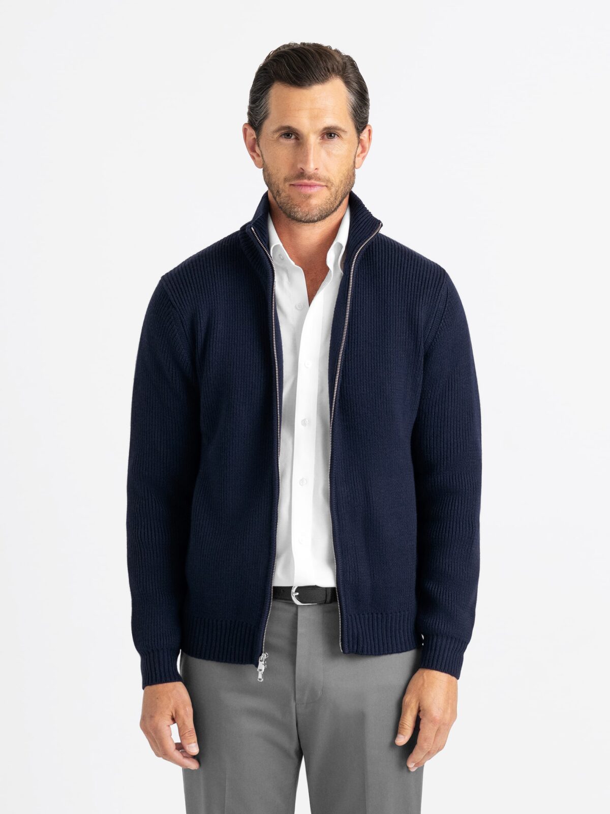 Navy Merino Wool Full-Zip Sweater - Proper Cloth