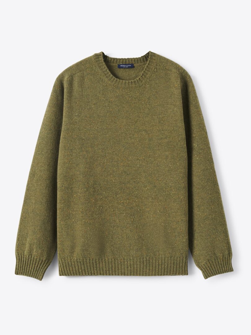 Men’s Olive Italian Merino Wool Donegal Crewneck Sweater Thumb