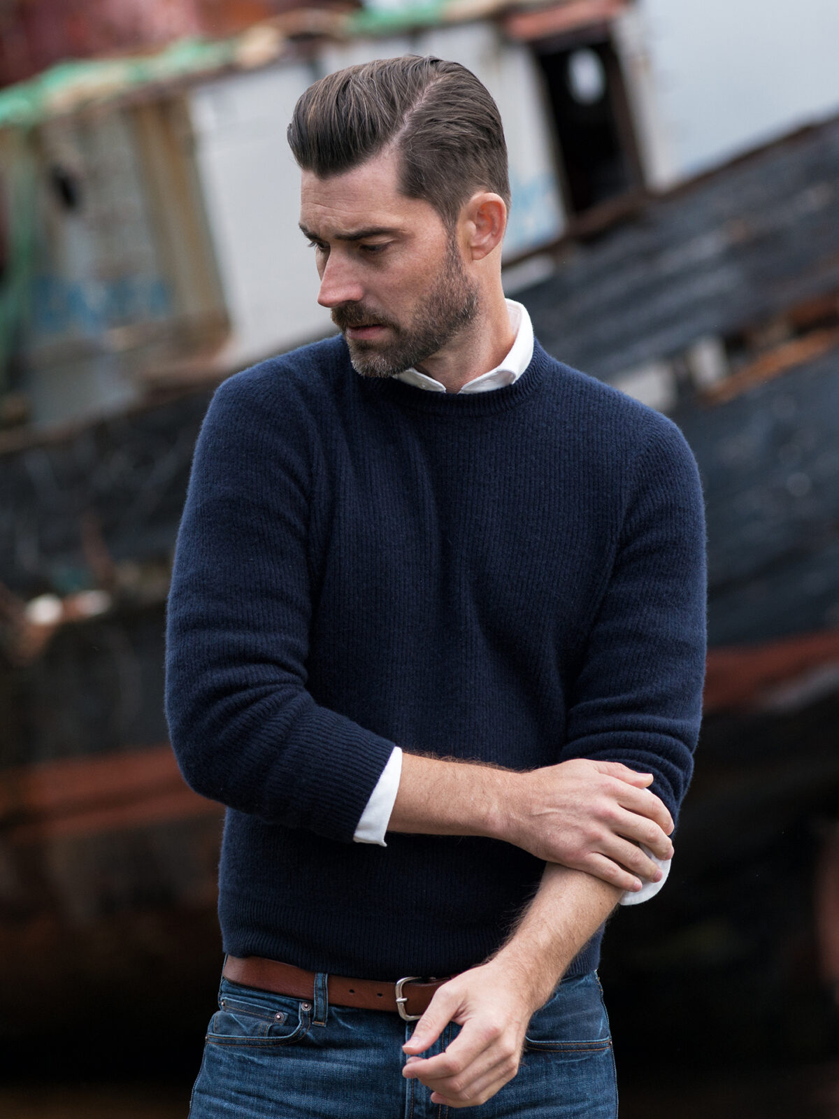 Navy Ribbed Cotton and Cashmere Crewneck Sweater