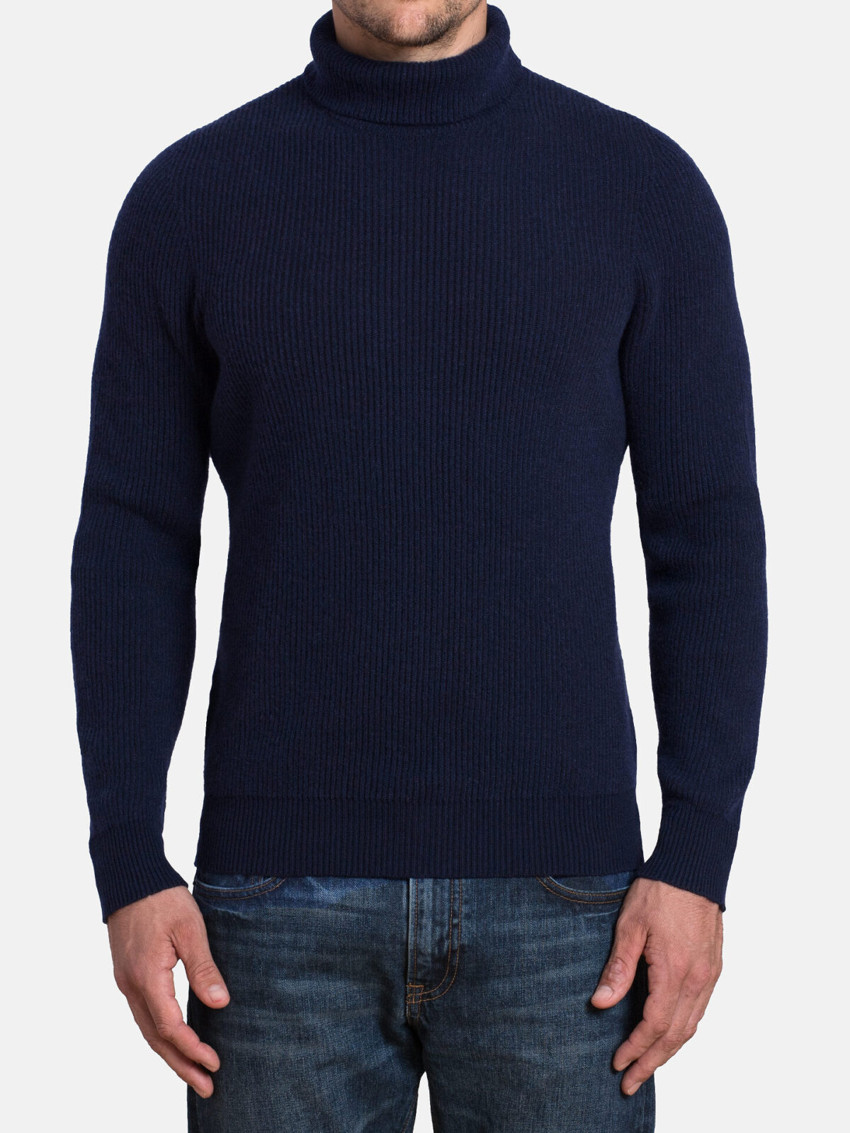 Navy Ribbed Cotton and Cashmere Rollneck Sweater