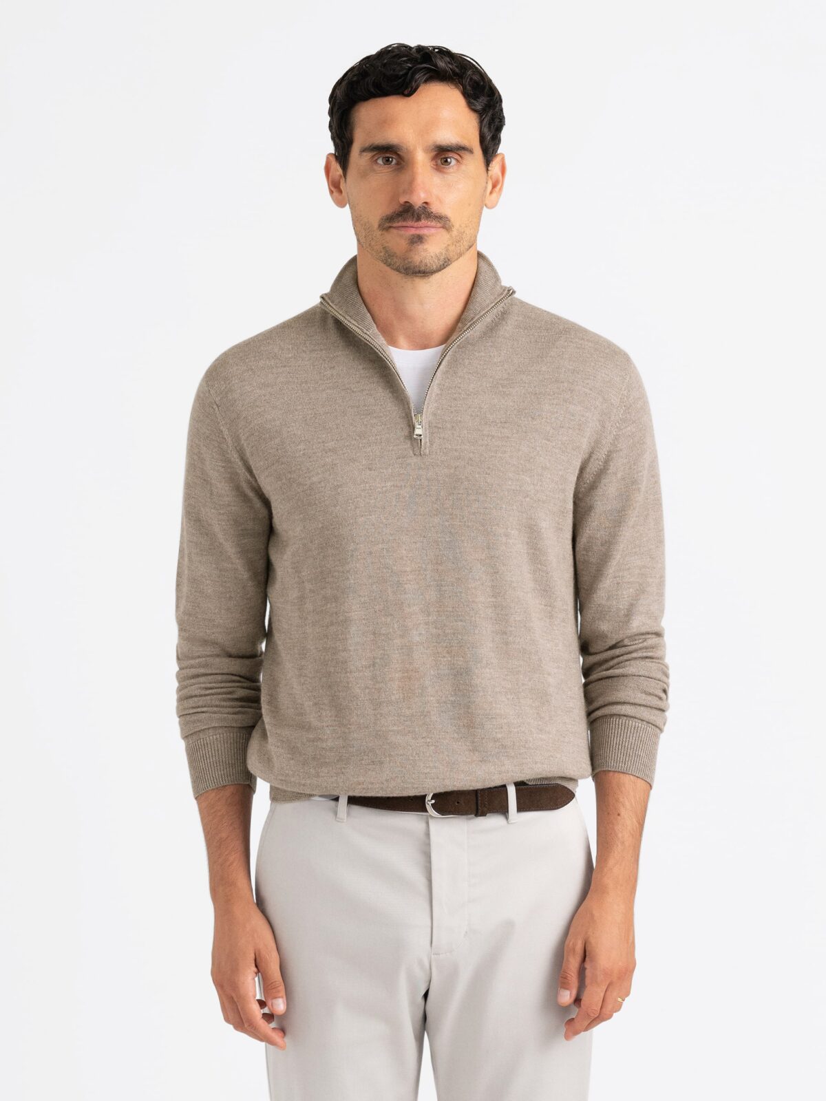 Taupe Merino and Silk Half-Zip Sweater