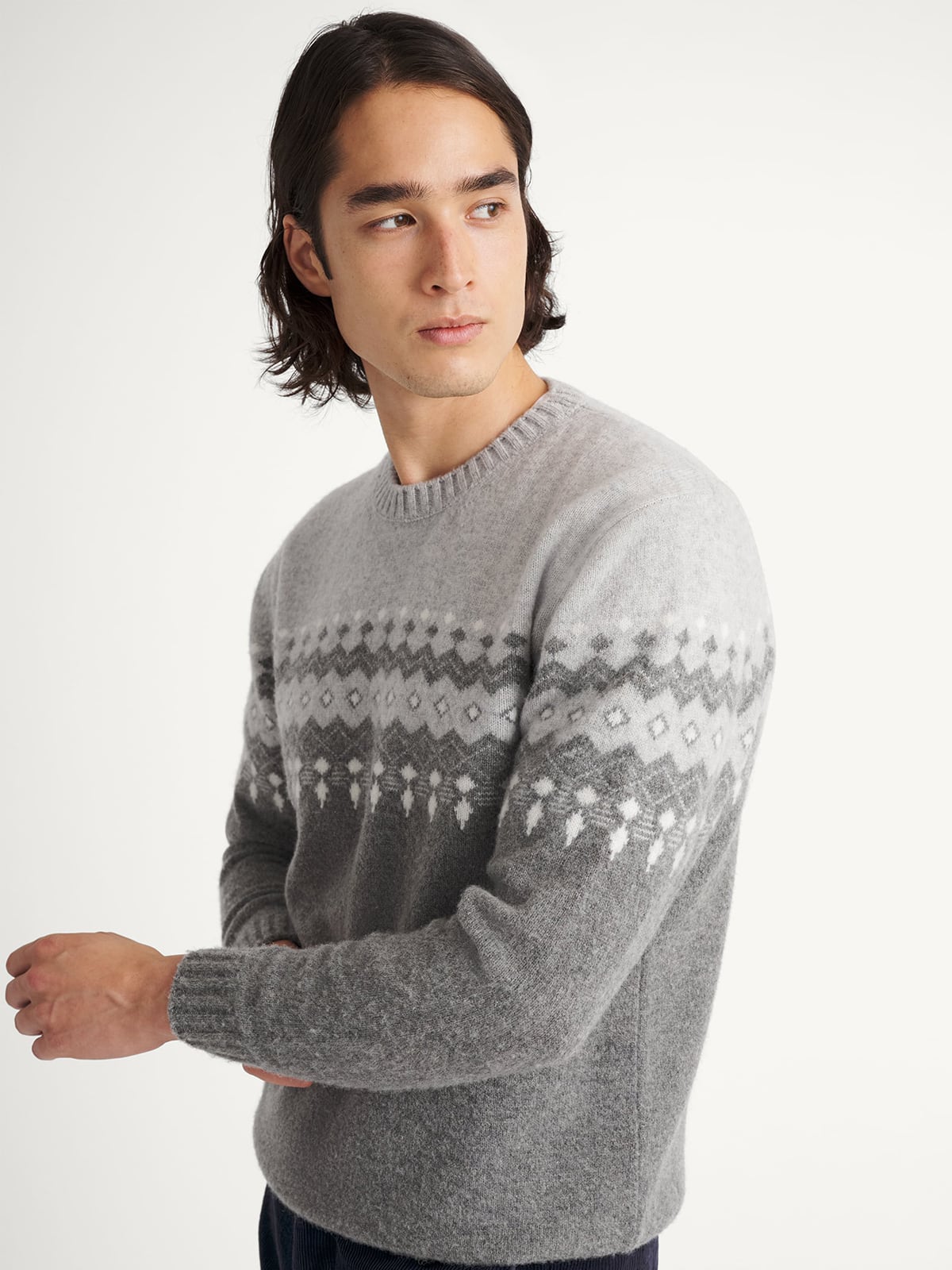 Grey Italian Merino Wool Fair Isle Crewneck Sweater - Proper Cloth