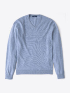 Light Blue Melange Cashmere V-Neck Sweater Product Thumbnail 1