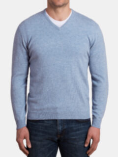 Light Blue Melange Cashmere V-Neck Sweater Product Thumbnail 2