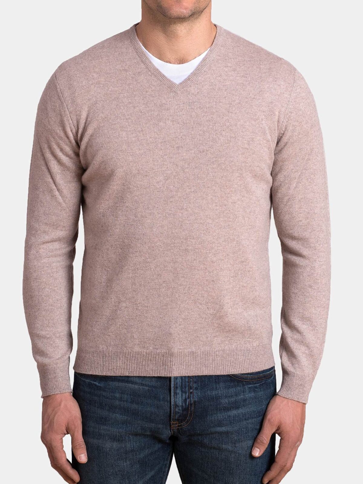 Beige Cashmere V-Neck Sweater