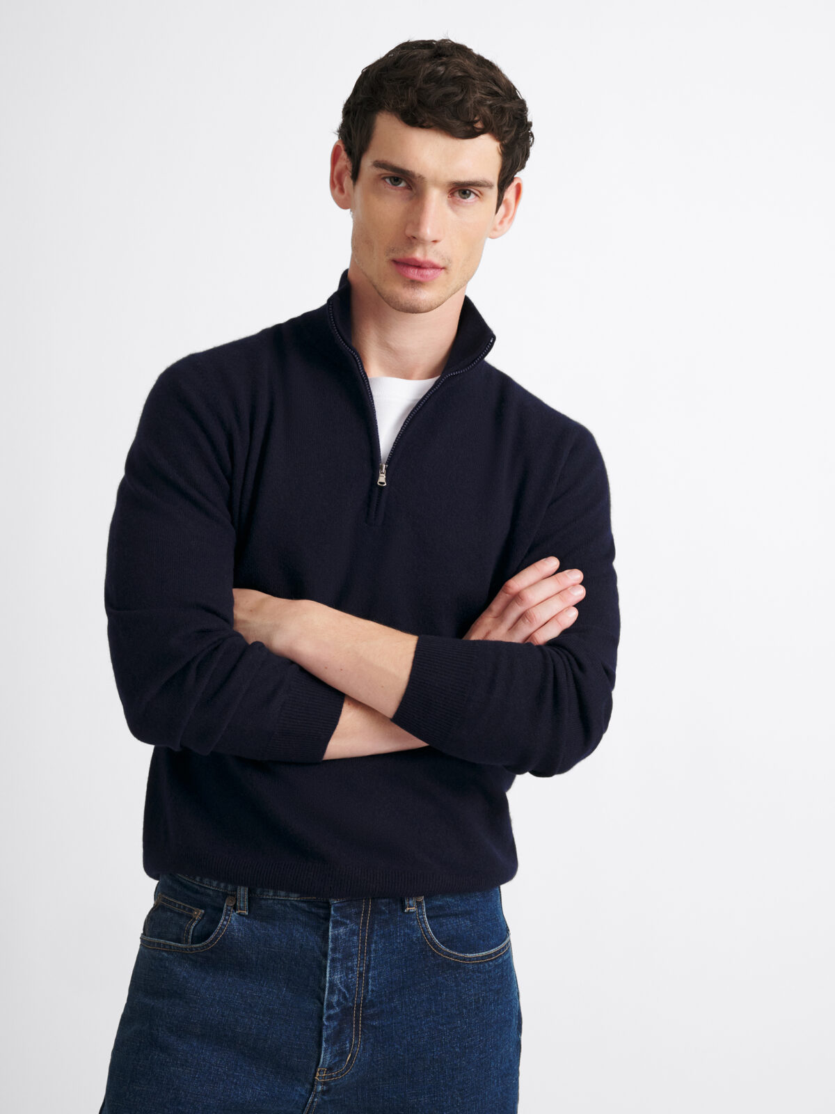 Navy Scottish Cashmere Half-Zip Sweater - Proper Cloth